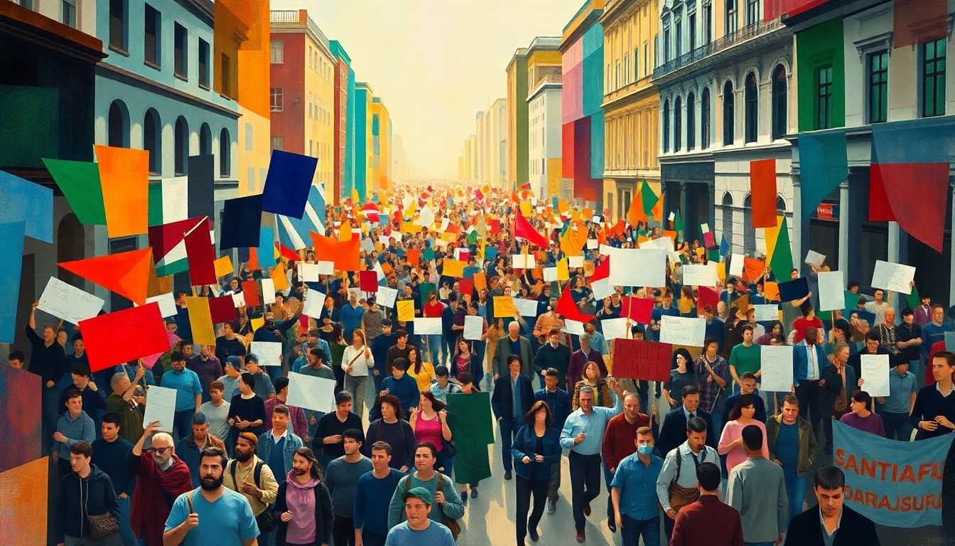 A dynamic, abstract painting of a large crowd of protesters marching through a city street, with overlapping geometric shapes and waves of vibrant colors, conceptually representing the energy and momentum of the nationwide demonstrations.