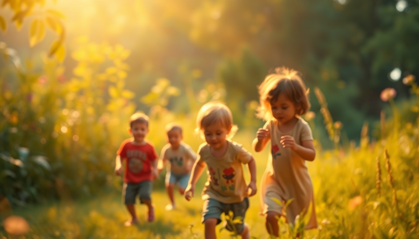 An extremely abstracted, out-of-focus photograph of children playing in a vibrant, green outdoor setting, with soft pools of warm light and color creating a dreamlike, introspective mood.
