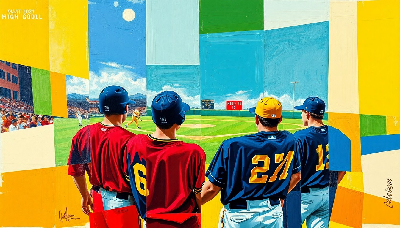 A fragmented, geometric painting depicting the dynamic motion and competition of a high school baseball game, with the players' uniforms and the field itself broken down into sharp, overlapping planes of vibrant colors.