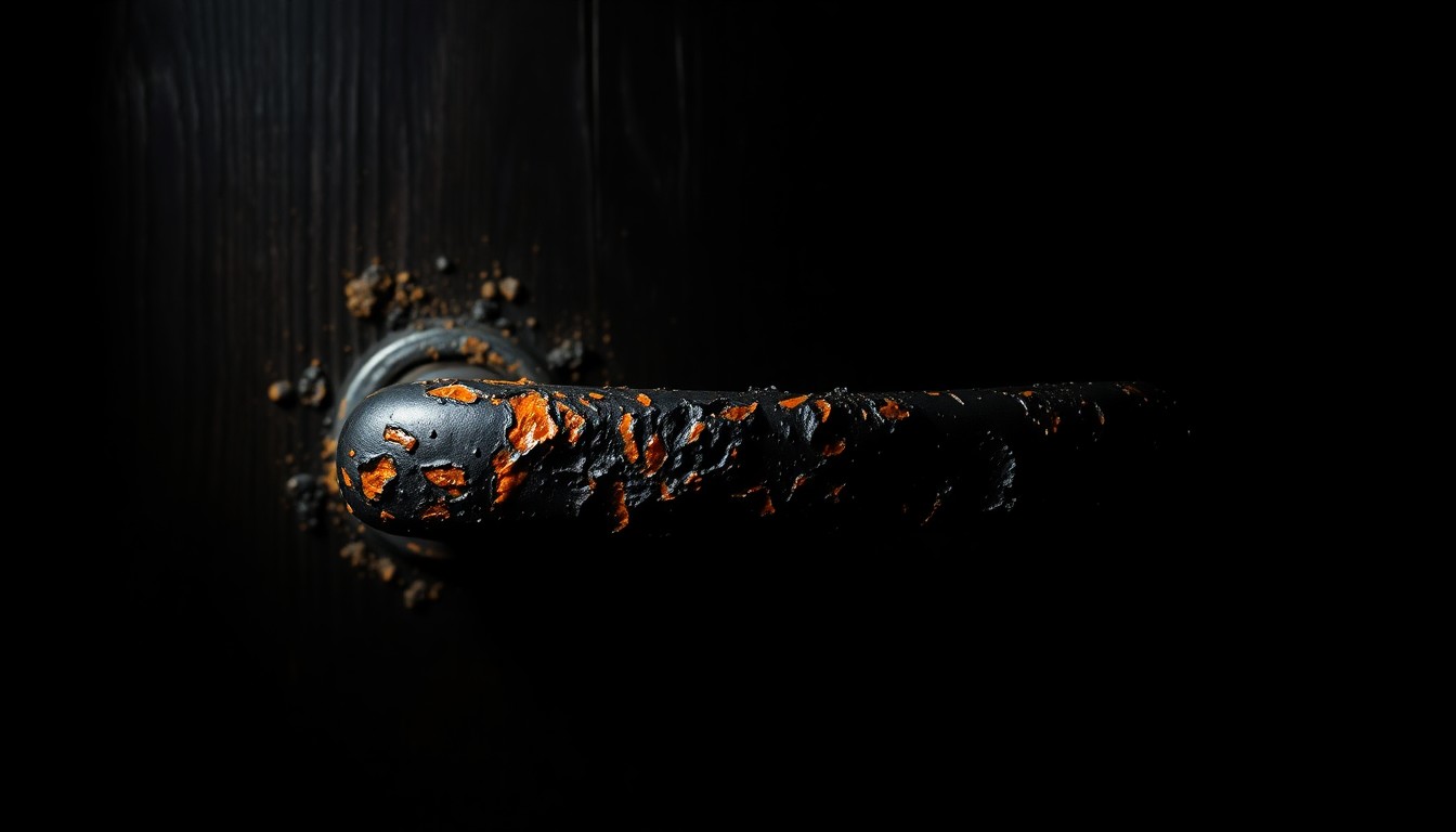 An extreme close-up photograph of a charred, melted door handle against a pitch-black background, conveying the gritty, investigative aesthetic of the Weegee photographic style and conceptually representing the chaos and destruction of the motel fire incident.