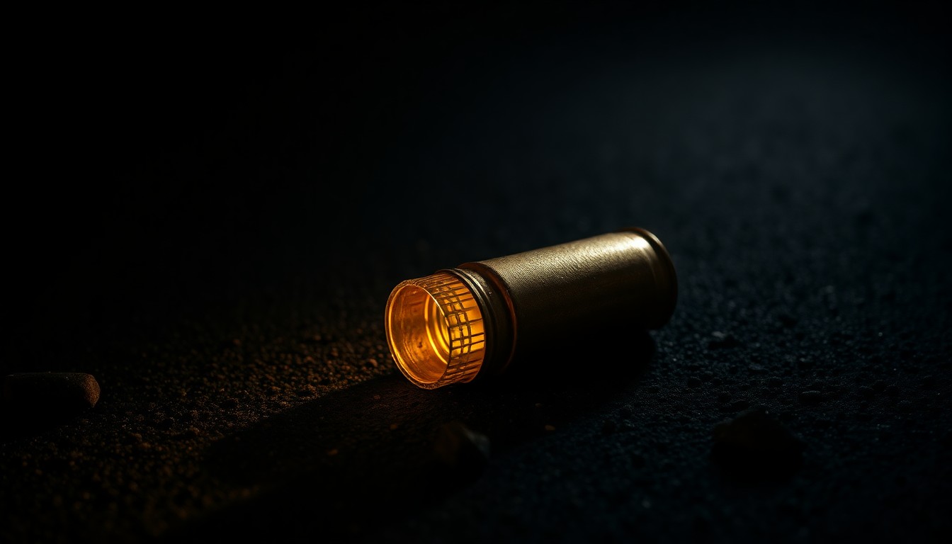 An extreme close-up photograph of a spent shell casing on a dark, textured surface, lit by a harsh, direct camera flash to create a gritty, investigative aesthetic without any words or identifiable elements.