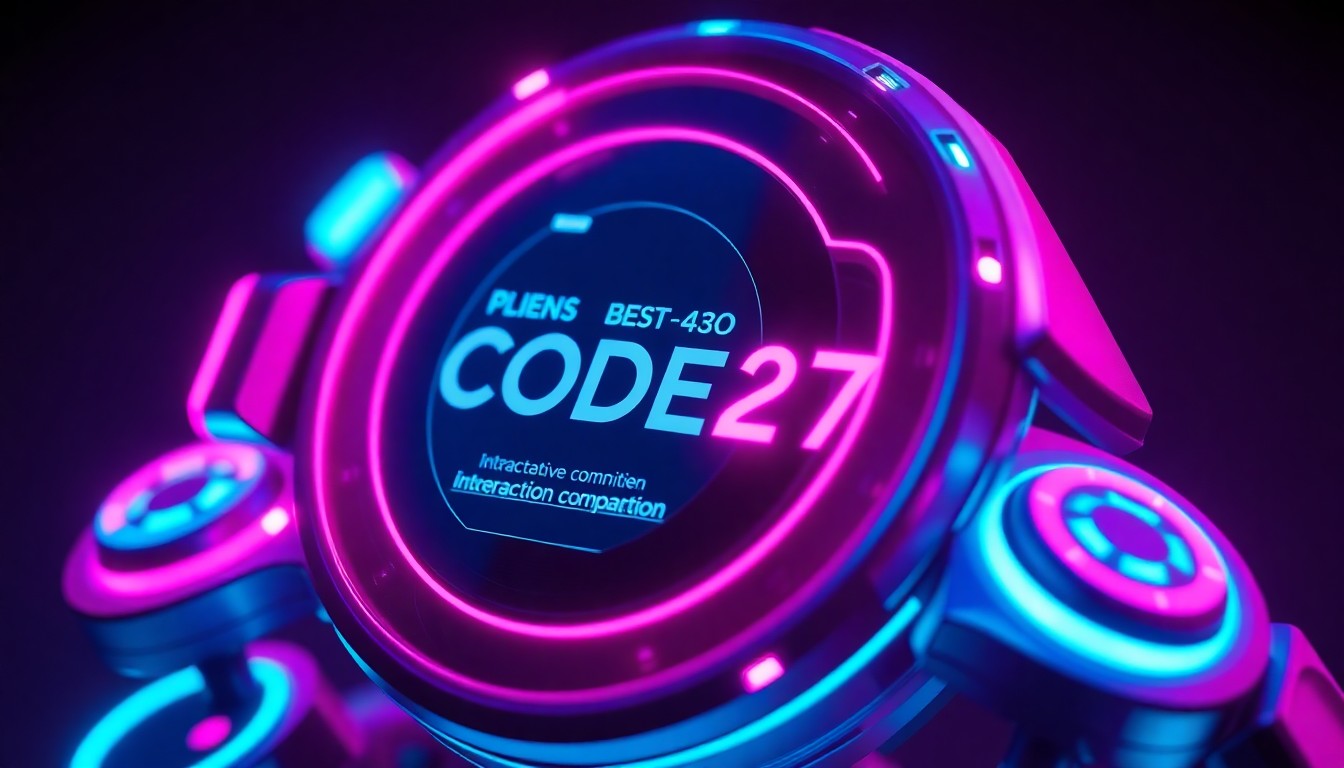 A glowing, futuristic 3D illustration of a CODE27 interactive character companion device, with illuminated geometric shapes and panels suggesting advanced hardware and technology.