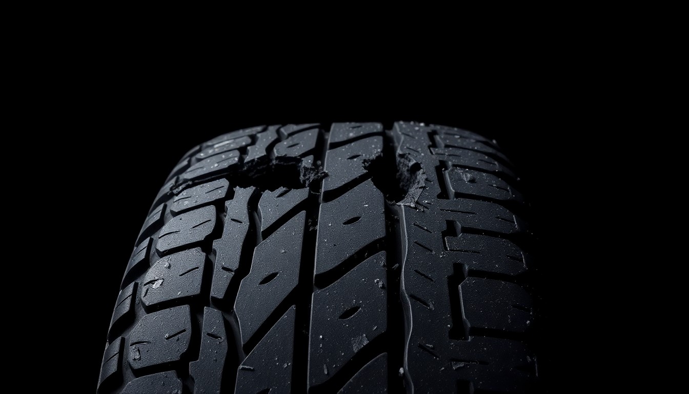 An extreme close-up photograph of a damaged school bus tire tread against a pitch-black background, conveying the sudden and devastating impact of the crash through a stark, gritty visual style.