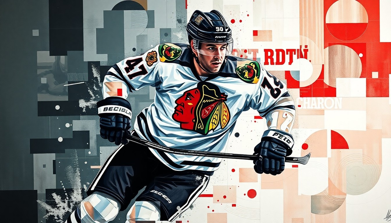 A cubist, geometric painting depicting a hockey player in mid-motion, with their jersey showing the Blackhawks logo but their face obscured, conveying the idea of a player's value extending beyond just on-ice production.