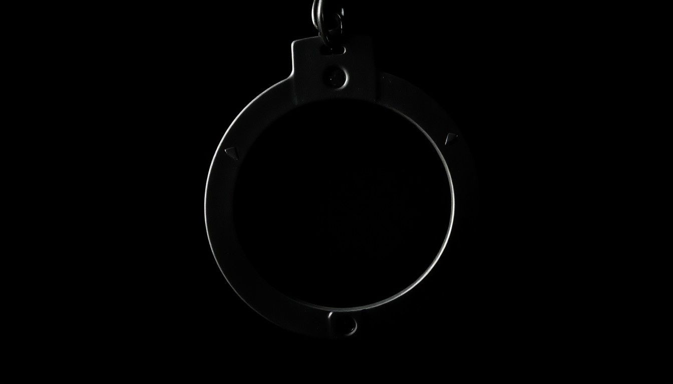 An extreme close-up photograph of a police badge or handcuff against a pitch-black background, lit by a harsh, direct camera flash to create a stark, gritty, investigative aesthetic.