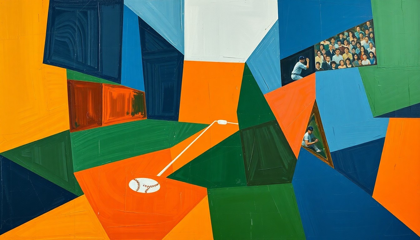A cubist, geometric painting depicting the motion of a baseball pitcher, with sharp, overlapping planes of navy, green, and orange, conveying the dynamic energy and unique perspectives of the sport.