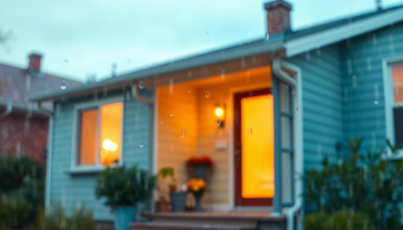 A softly blurred, impressionistic scene of a modest home exterior, with warm pools of light and color reflecting off rain-streaked windows, conceptually representing the importance of safe and affordable housing.