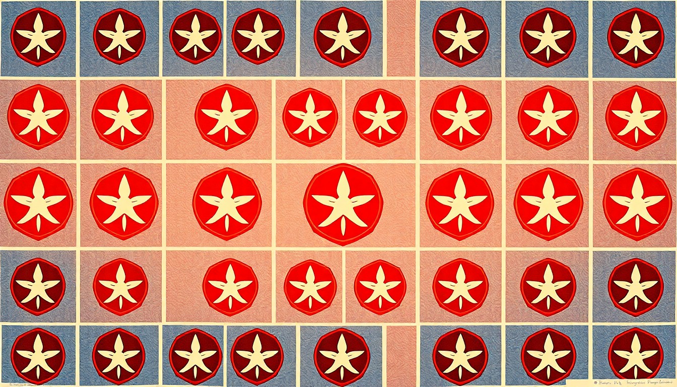 A repeating grid pattern of a military uniform patch or insignia rendered in bold, neon-like colors, conceptually representing the story of a Cambodian refugee who served in the U.S. military and now works to support his local community.