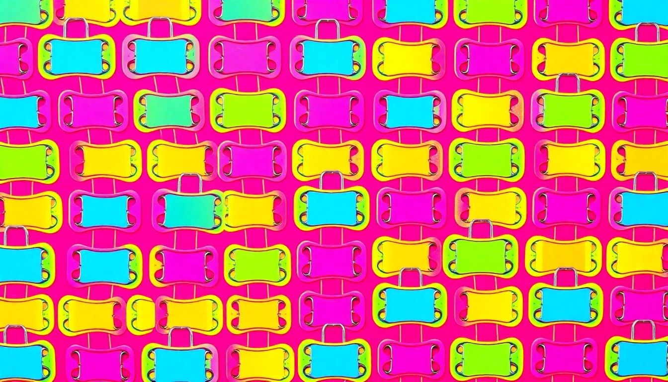 A bold, abstract grid of colorful dog collar tags in neon turquoise, pink, and yellow, conceptually representing the community-wide pet licensing system.