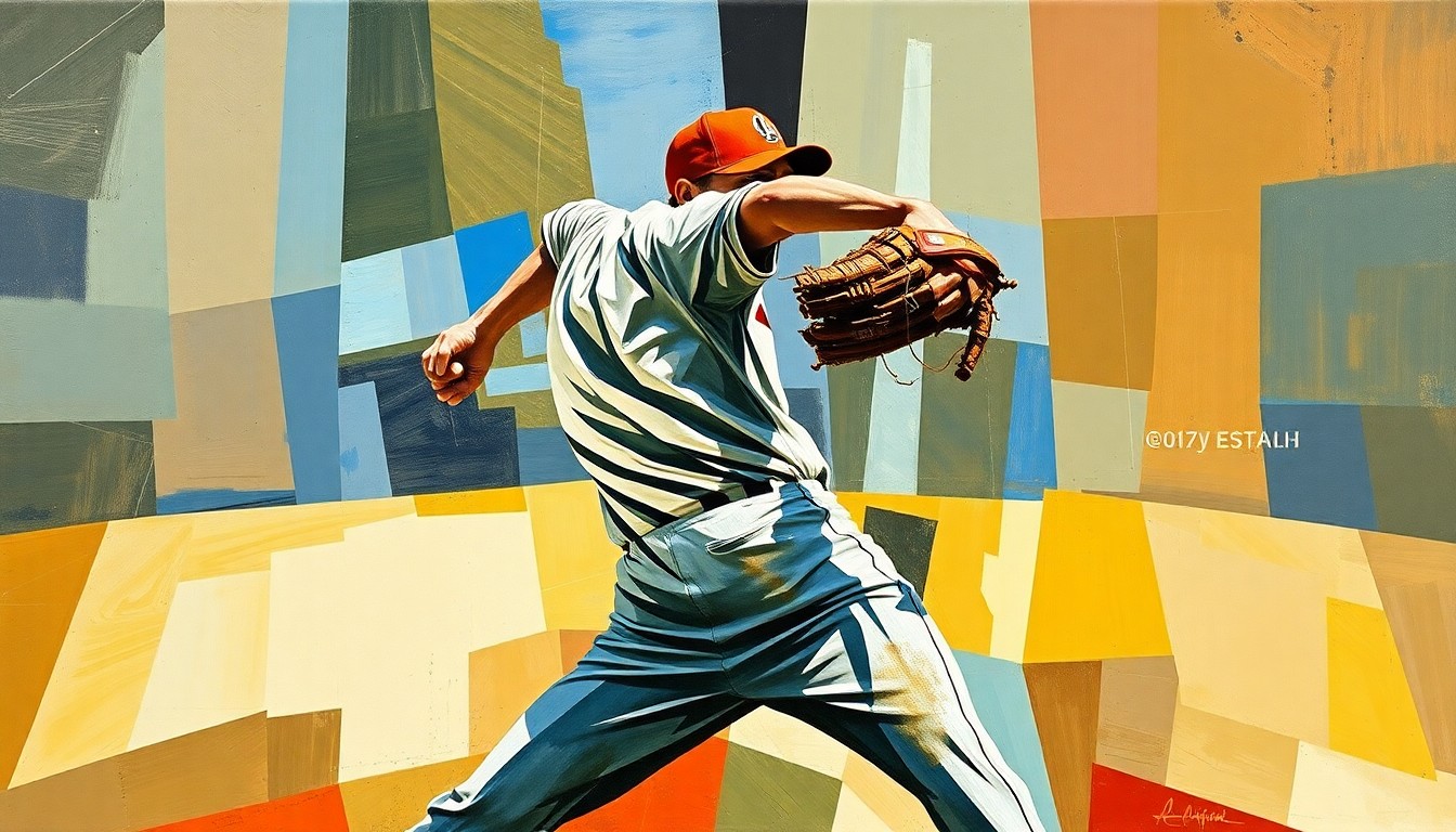 A cubist, geometric illustration depicting the various angles and movements of a baseball pitcher's windup and delivery, conveying the complex and dynamic nature of the sport.