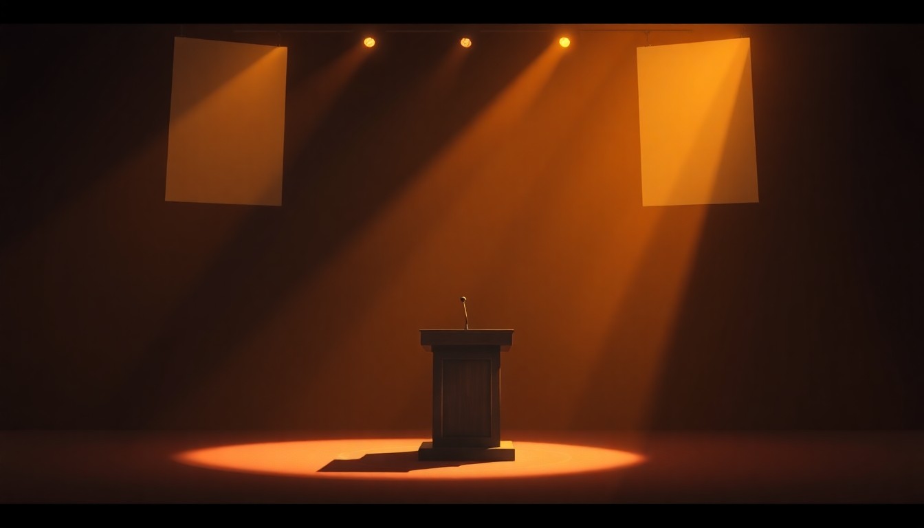 A dimly lit, cinematic painting of an empty political debate stage, with a single podium in the center bathed in warm, golden light and surrounded by deep shadows, conveying a sense of tension and uncertainty.