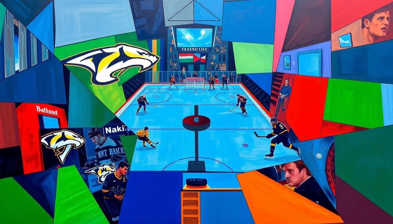 A fractured, cubist-style painting depicting a hockey game, with players and the rink broken down into sharp, overlapping geometric shapes in vibrant blues, greens, and reds, capturing the intensity of the playoff race.