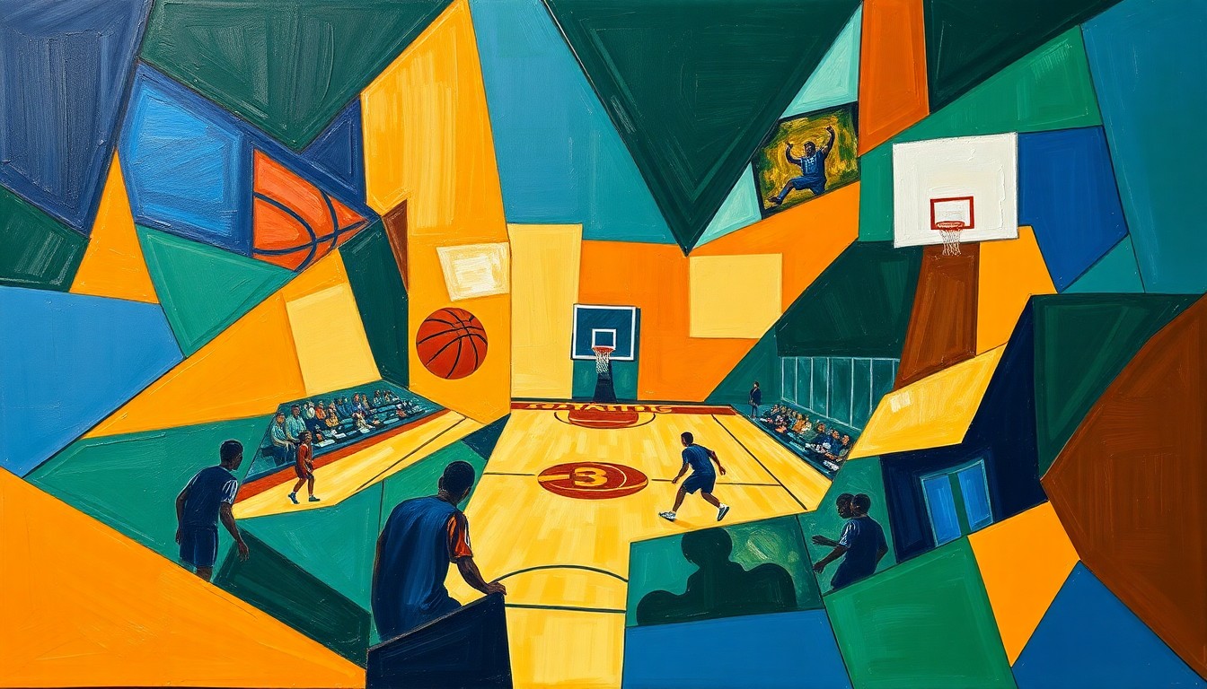 A cubist-style painting depicting a high school basketball game broken down into sharp, overlapping geometric shapes in a vibrant color palette, conveying the dynamic energy and skill of the players.