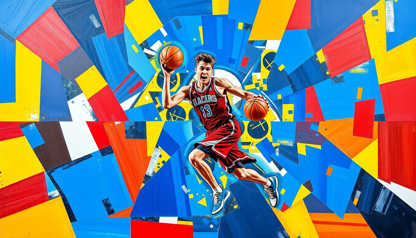 A cubist-style painting featuring sharp, overlapping geometric shapes in vibrant colors like blue, red, and yellow, conceptually representing the dynamic movements and energy of a high school basketball player.