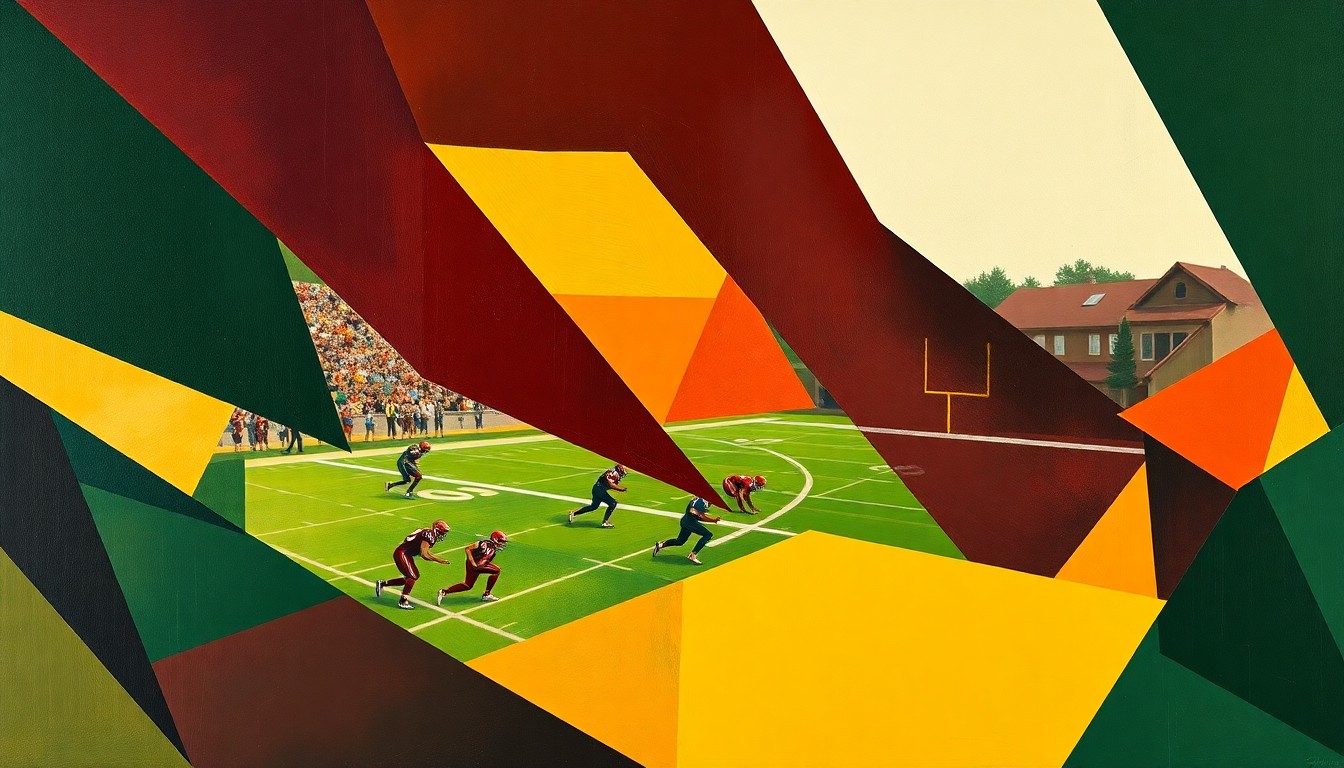 A fragmented, geometric painting depicting the action and intensity of a high school football game, with sharp planes of burgundy, green, and yellow hues.