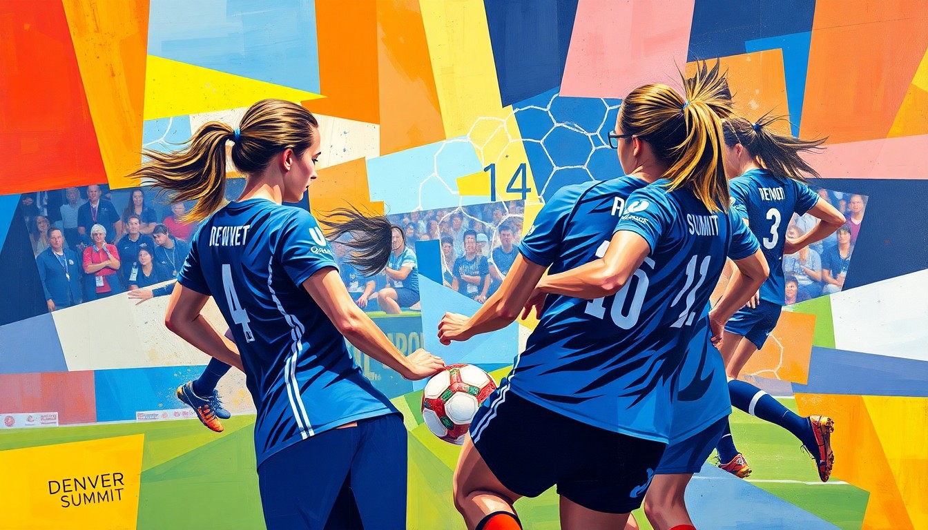 A cubist, geometric painting depicting a women's soccer match, with sharp, overlapping planes of navy blue, sky blue, and gold colors representing the Denver Summit FC team.