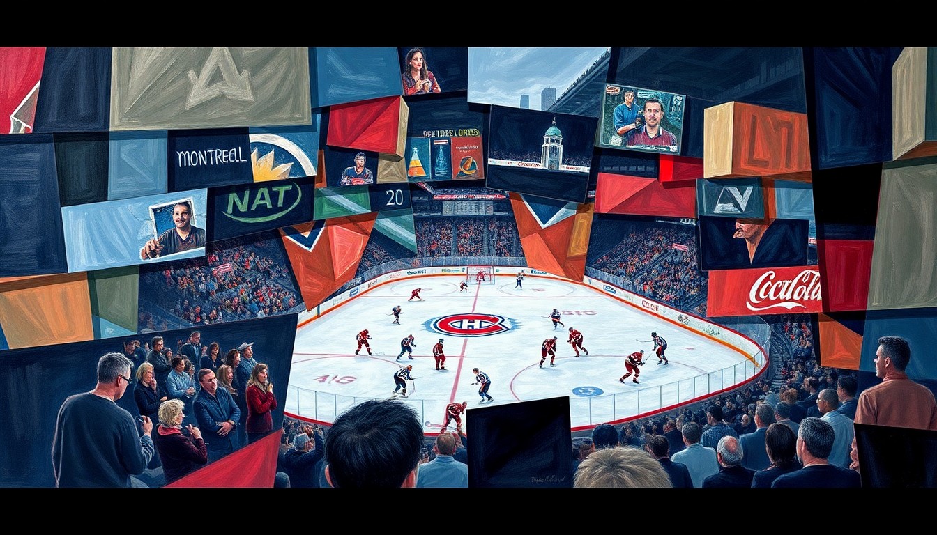 A cubist, geometric painting depicting a fragmented hockey game, with players and the rink broken down into sharp, overlapping shapes and planes of color, conveying the dynamic energy of the sport.