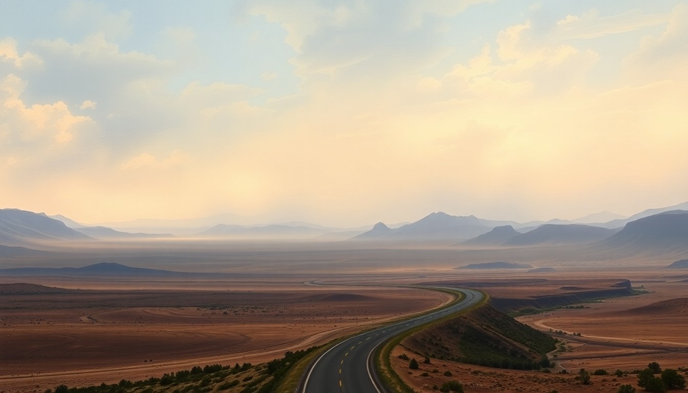 A vast, atmospheric landscape painting depicting a winding highway cutting through a parched, hazy Colorado countryside, the scale of the natural world dwarfing the man-made infrastructure.