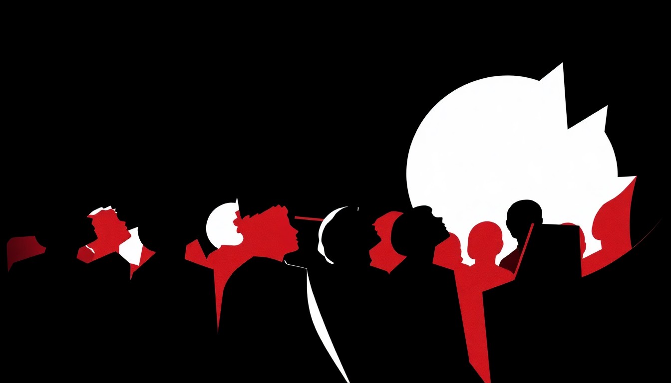 A striking abstract illustration featuring bold, angular shapes in black, white, and red, conveying the energy and harmony of a community chorus performance.