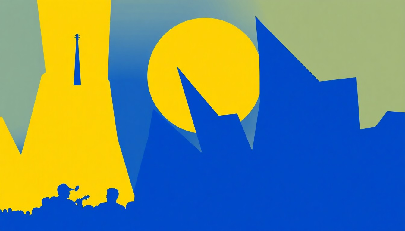 An abstract illustration featuring bold, jagged shapes in deep blue and bright yellow, conceptually representing the energy and spirit of a bluegrass music festival.