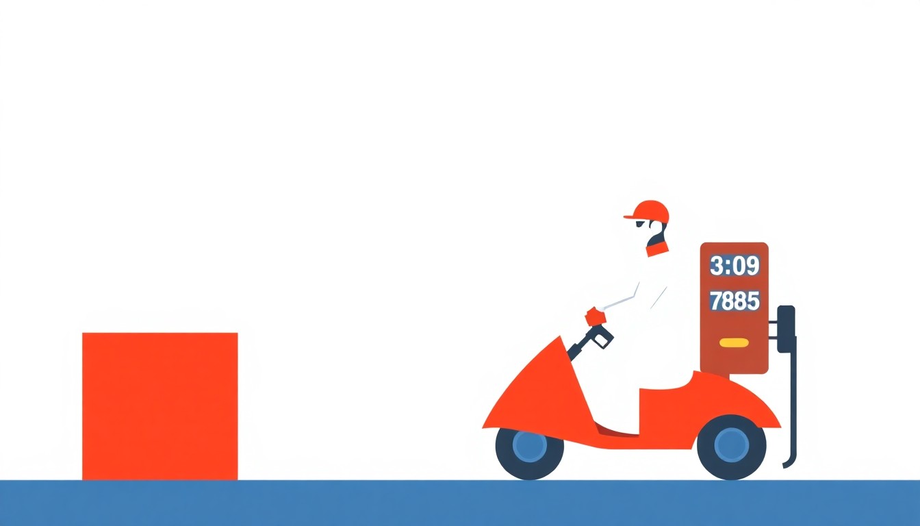 A geometric abstract illustration using overlapping triangles and circles in shades of blue, yellow, and red to conceptually represent the financial strain of high gas prices on mobile workers.