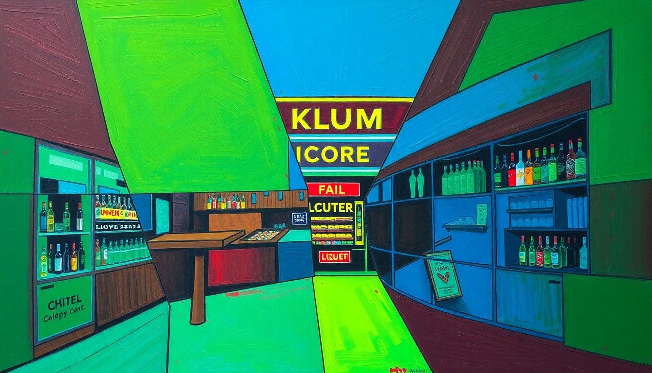A cubist-style painting depicting the fragmented scene of a college town liquor store, with sharp geometric shapes in vibrant colors representing the contrasting moods of celebration and financial frustration.