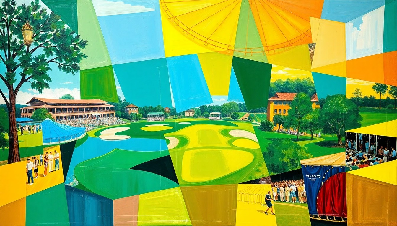 A fragmented, geometric painting depicting a golf tournament scene, with sharp planes of color and overlapping perspectives conveying the technical challenge and high stakes of the Valero Texas Open.