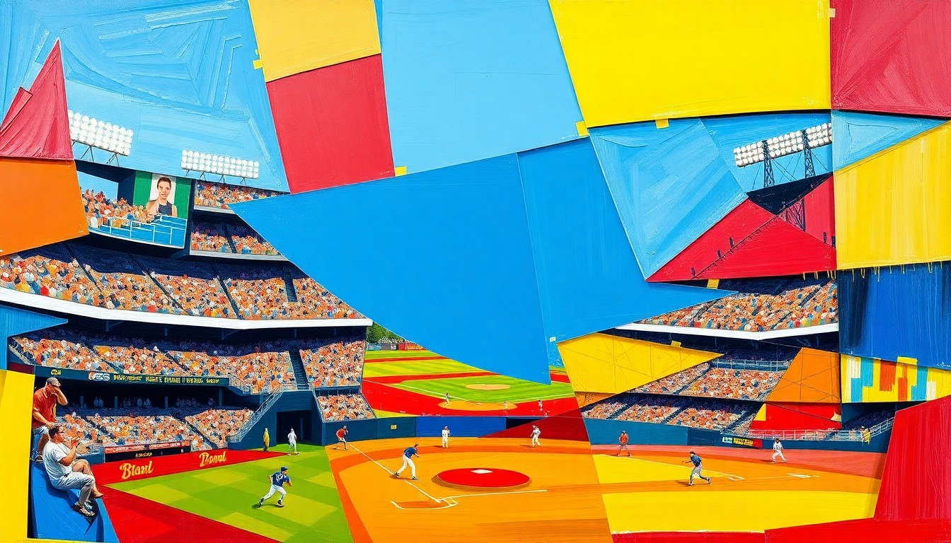 A cubist, geometric painting depicting a baseball game or match, with the players and field fractured into sharp, overlapping planes of vibrant colors like blue, red, and yellow, capturing the dynamic energy of the sport.