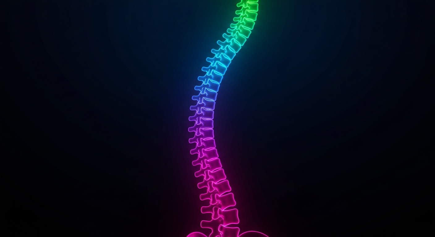 A glowing neon outline of a human spine in vibrant shades of blue, green, and pink against a dark background, conceptually representing the spinal decompression and pain relief offered by the BackRestore device.