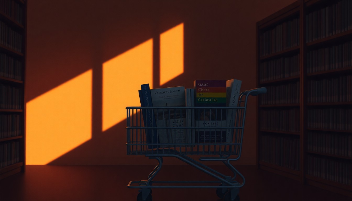 A realistic oil painting depicting a lone library book cart filled with books, with warm sunlight streaming in through a window and casting deep shadows across the scene, conveying a sense of quiet contemplation and the weight of the censorship debate.