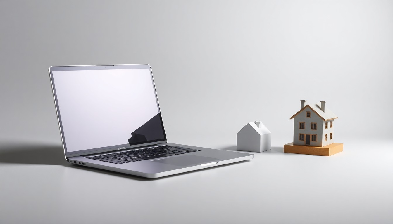 A minimalist, high-end studio still life photograph featuring a sleek laptop, a house-shaped paperweight, and architectural model miniatures, symbolizing the abstract concepts of corporate strategy, finance, and real estate technology.