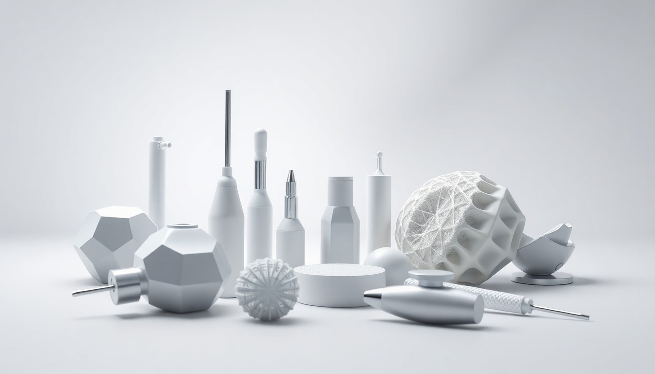 A high-end, photorealistic studio still-life photograph featuring a collection of polished, geometric medical devices and biomaterial samples in shades of white, gray, and metallic, arranged elegantly on a clean, monochromatic background with dramatic lighting, conceptually representing the advanced technology behind the new DBX Fiber product.