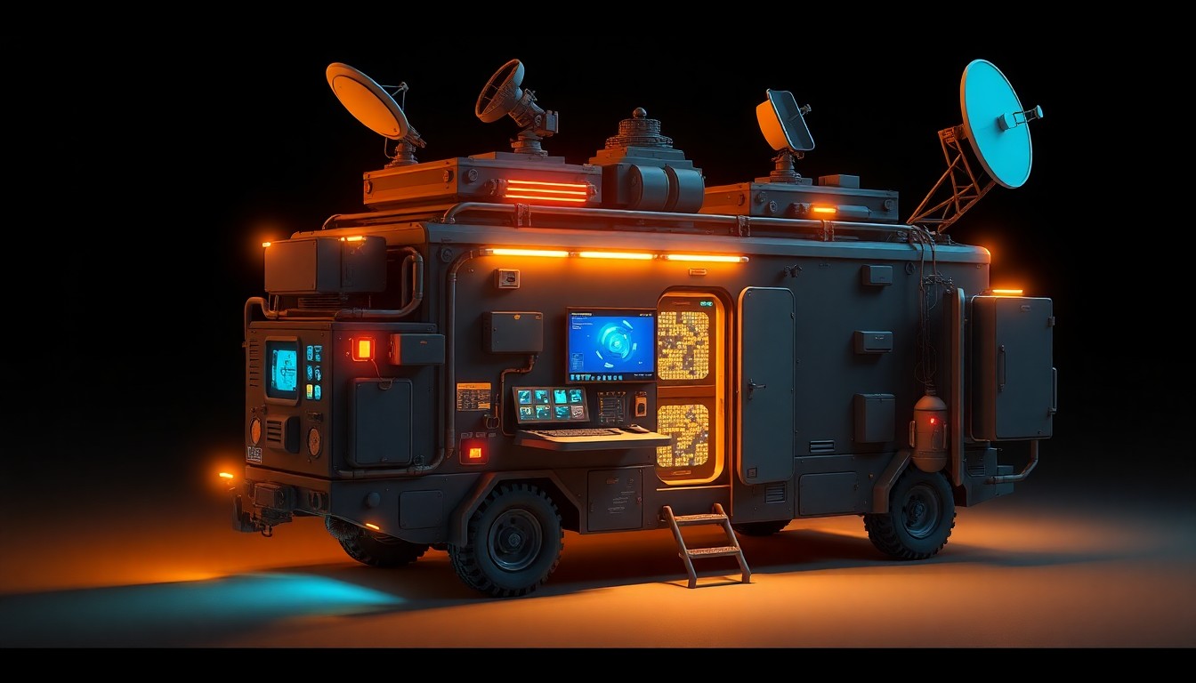 A highly detailed, glowing 3D illustration of a compact, rugged mobile operations center with satellite dishes, control panels, and other advanced hardware components, conveying a sense of the high-tech capabilities of the Applied Edge platform.