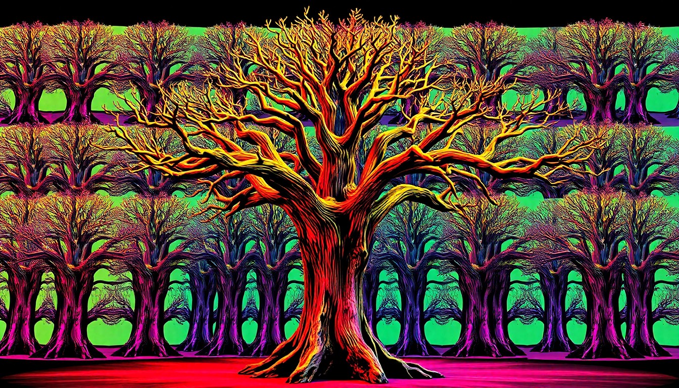 A bold, colorful silkscreen print featuring a repeating pattern of a large, wooden tree sculpture with multiple branches, rendered in a high-contrast, pop art style that captures the interactive and immersive nature of the WayFinder Wing exhibit.