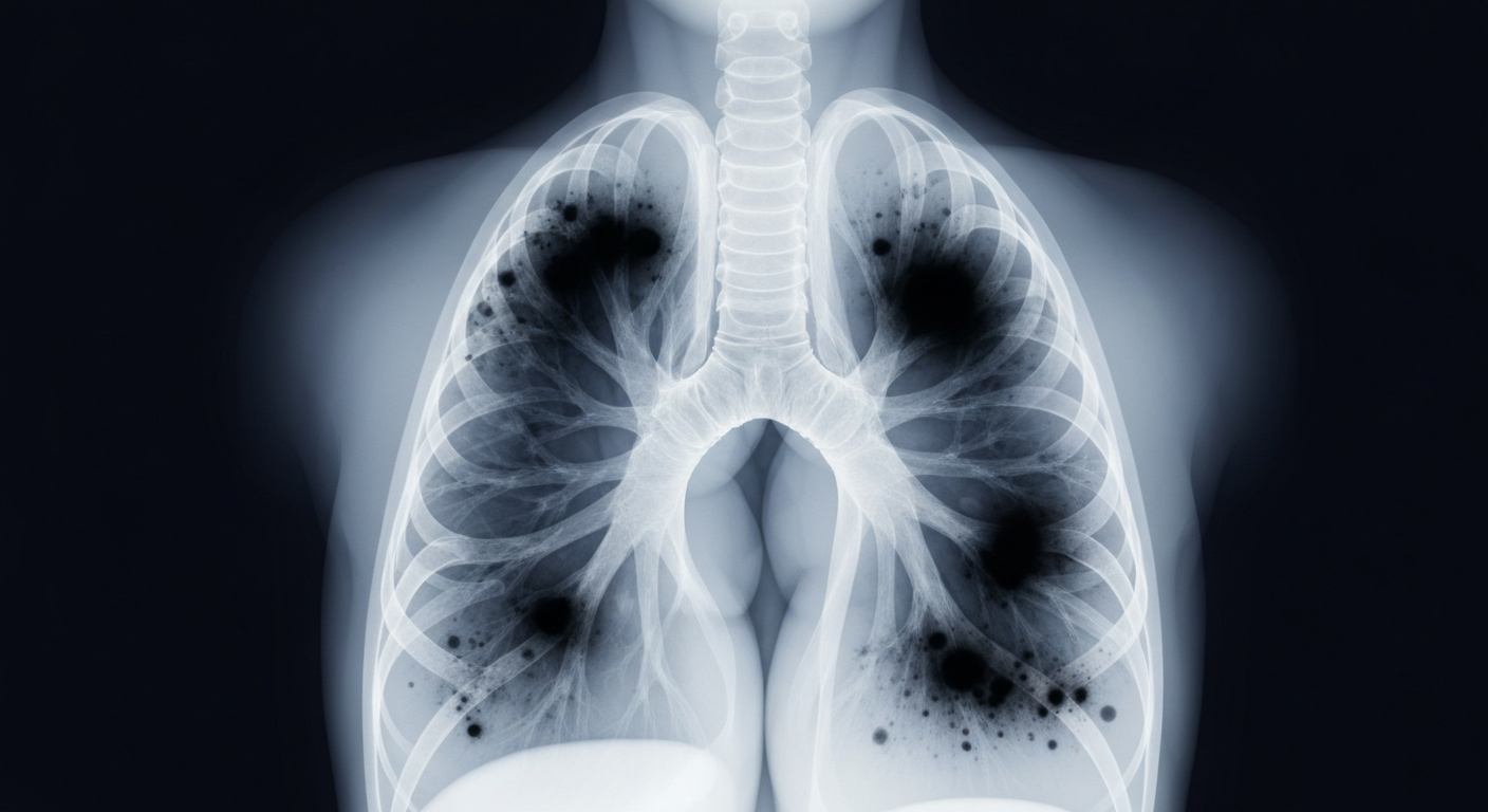 A translucent, ghostly X-ray photograph showing the internal structure of a human lung, with dark splotches and discoloration indicating damage from air pollution and toxic chemicals. The lung appears fragile and compromised, symbolizing the health risks posed by the Trump administration's environmental rollbacks.