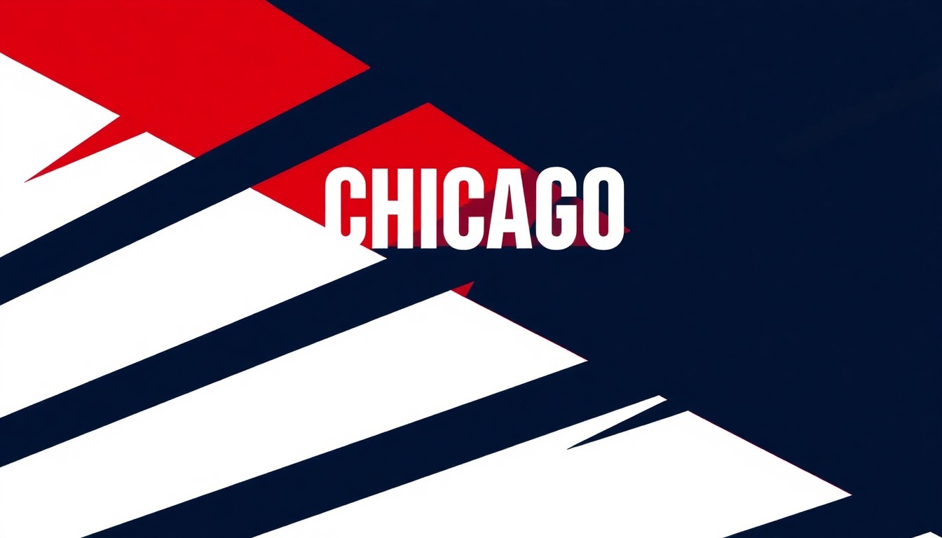 An abstract illustration featuring bold, jagged shapes in navy, red, and white, conveying the dramatic energy and high-stakes action of the 'Chicago' TV shows.