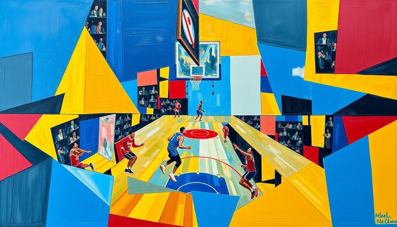 A fragmented, geometric painting depicting the dynamic movement and energy of a fast-paced basketball game, with sharp planes of color representing the Mountaineers' shift to a more up-tempo offensive style.