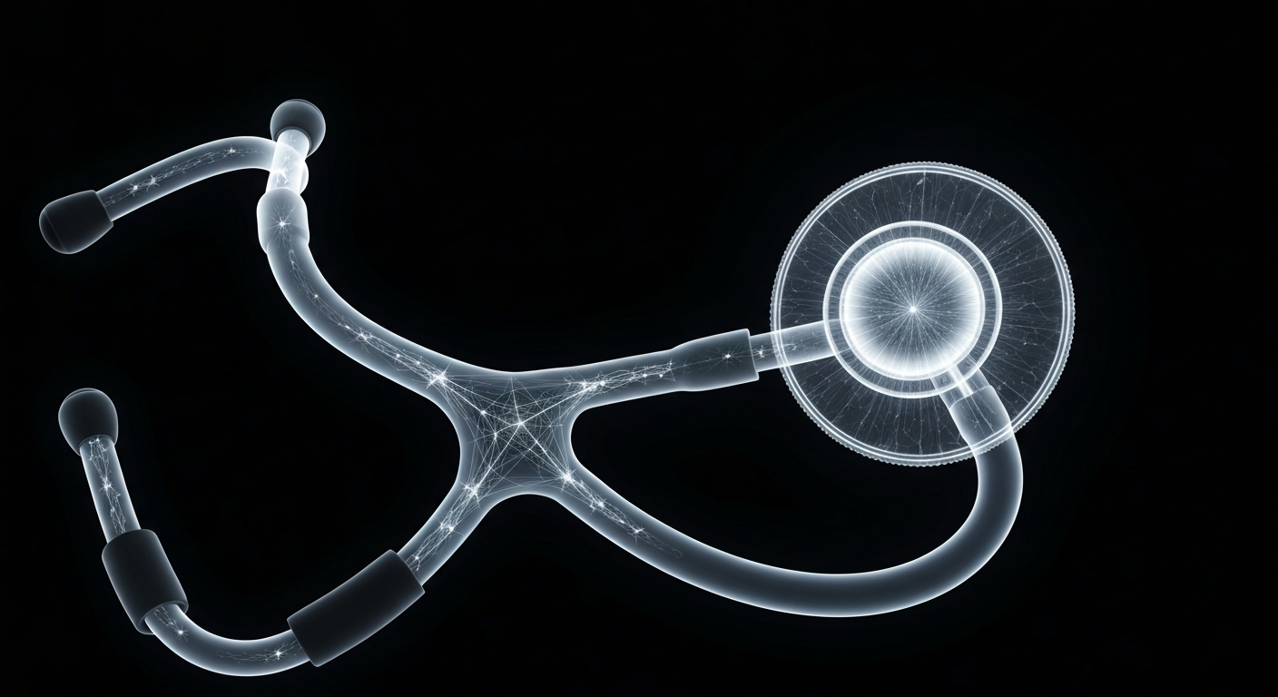 A ghostly, translucent X-ray image of a stethoscope, its internal structure revealed as glowing lines and shapes against a dark background, conceptually representing the growing emphasis on diverse backgrounds and non-traditional pathways in the medical field.