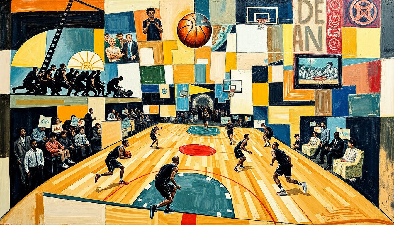 A cubist-style painting depicting the dynamic movement and energy of a fast-paced basketball game, with players and the court fragmented into overlapping geometric shapes and planes.