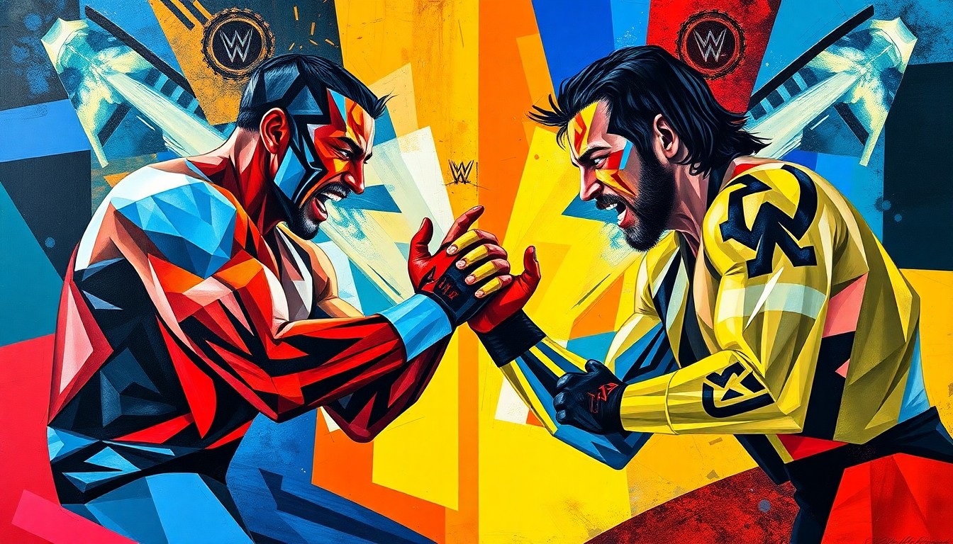 A fractured, multi-perspective painting in bold, geometric shapes and vibrant colors, depicting the action and intensity of a wrestling match or competition.