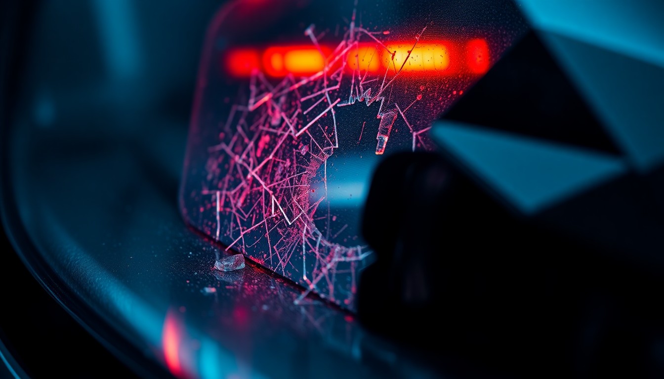 An extreme close-up of a shattered car sensor lens reflecting a faint red light, conceptually illustrating the vandalism of self-driving cars.