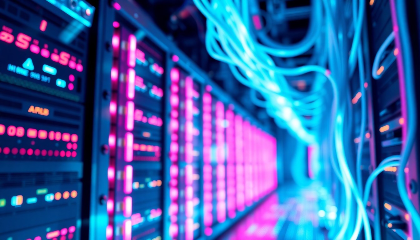 A highly detailed, glowing 3D illustration of futuristic AI hardware and infrastructure, including server racks, data cables, and circuit boards, bathed in a vibrant neon cyan and magenta color palette. The image conveys the complex, tangible nature of the underlying technology driving the policy debates in Washington.