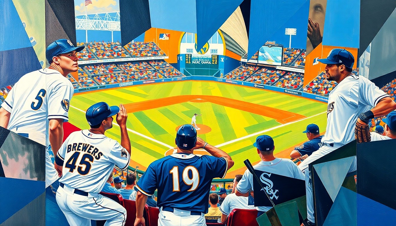 A cubist, fragmented painting depicting a baseball game between the Milwaukee Brewers and Chicago White Sox, with the players' forms broken down into sharp, overlapping geometric shapes and planes of vibrant team colors.