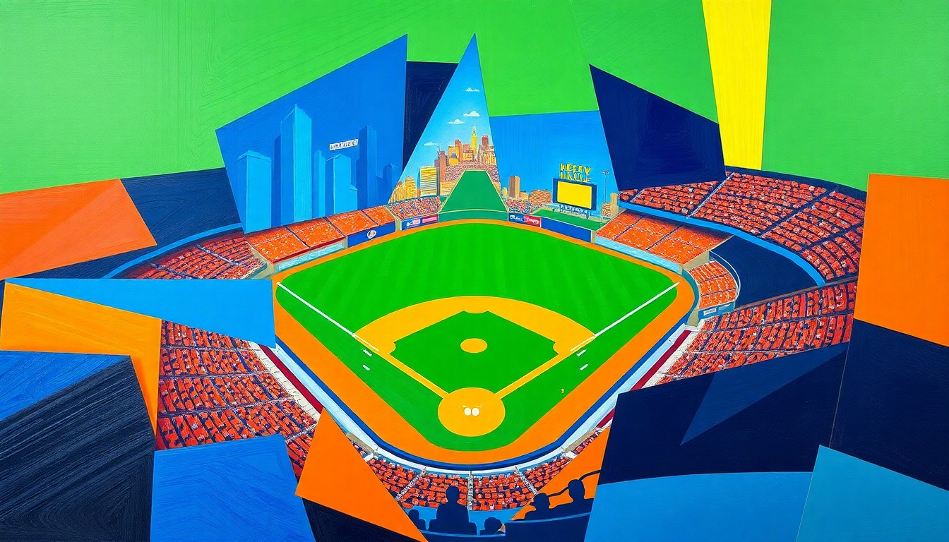 A fractured, multi-perspective painting in the style of Pablo Picasso, breaking a baseball game between two teams down into sharp, overlapping geometric planes of vibrant colors like royal blue, orange, and emerald green.