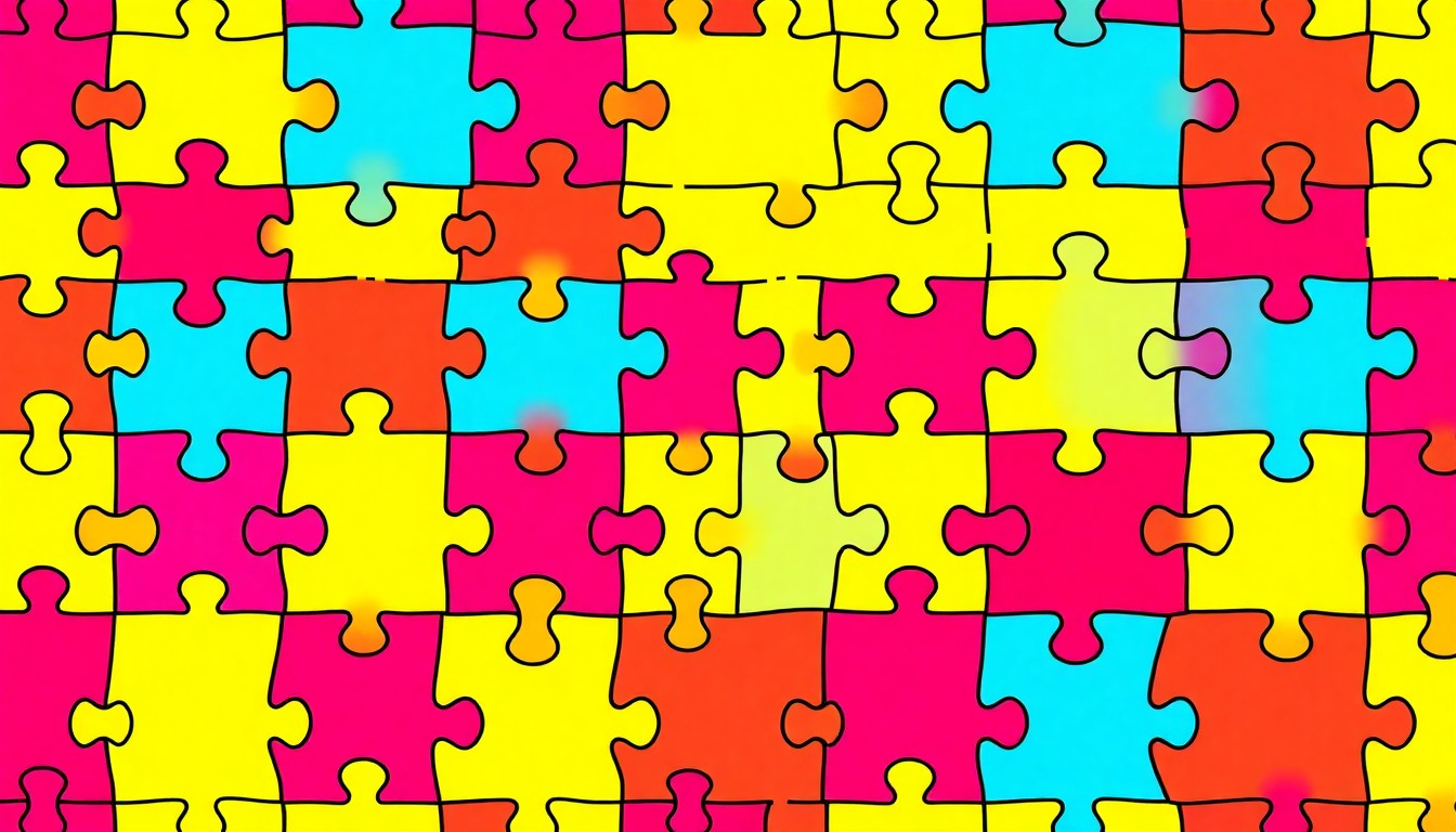 A brightly colored, high-contrast silkscreen print of a single, iconic jigsaw puzzle piece repeated in a tight grid pattern, conceptually representing the growing popularity and community of competitive speed puzzling.