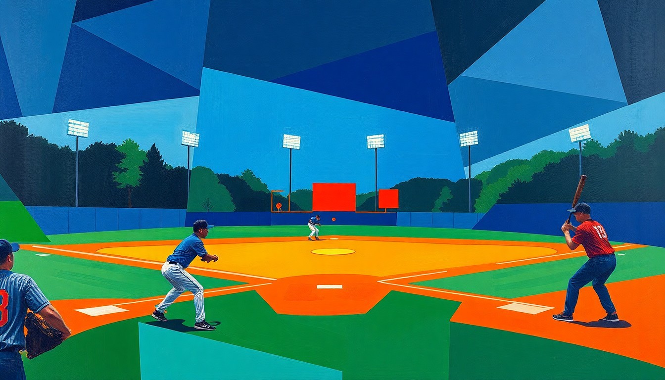 A cubist, geometric painting depicting a high school baseball game, with the players and field represented through bold, angular shapes in a vibrant color palette, conveying the dynamic energy and competitive spirit of the upset victory.