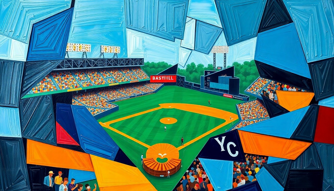 A cubist-style painting depicting a baseball game broken down into sharp, overlapping geometric shapes and planes in a vibrant color palette, conveying the analytical nature of the batter vs. pitcher data analysis.