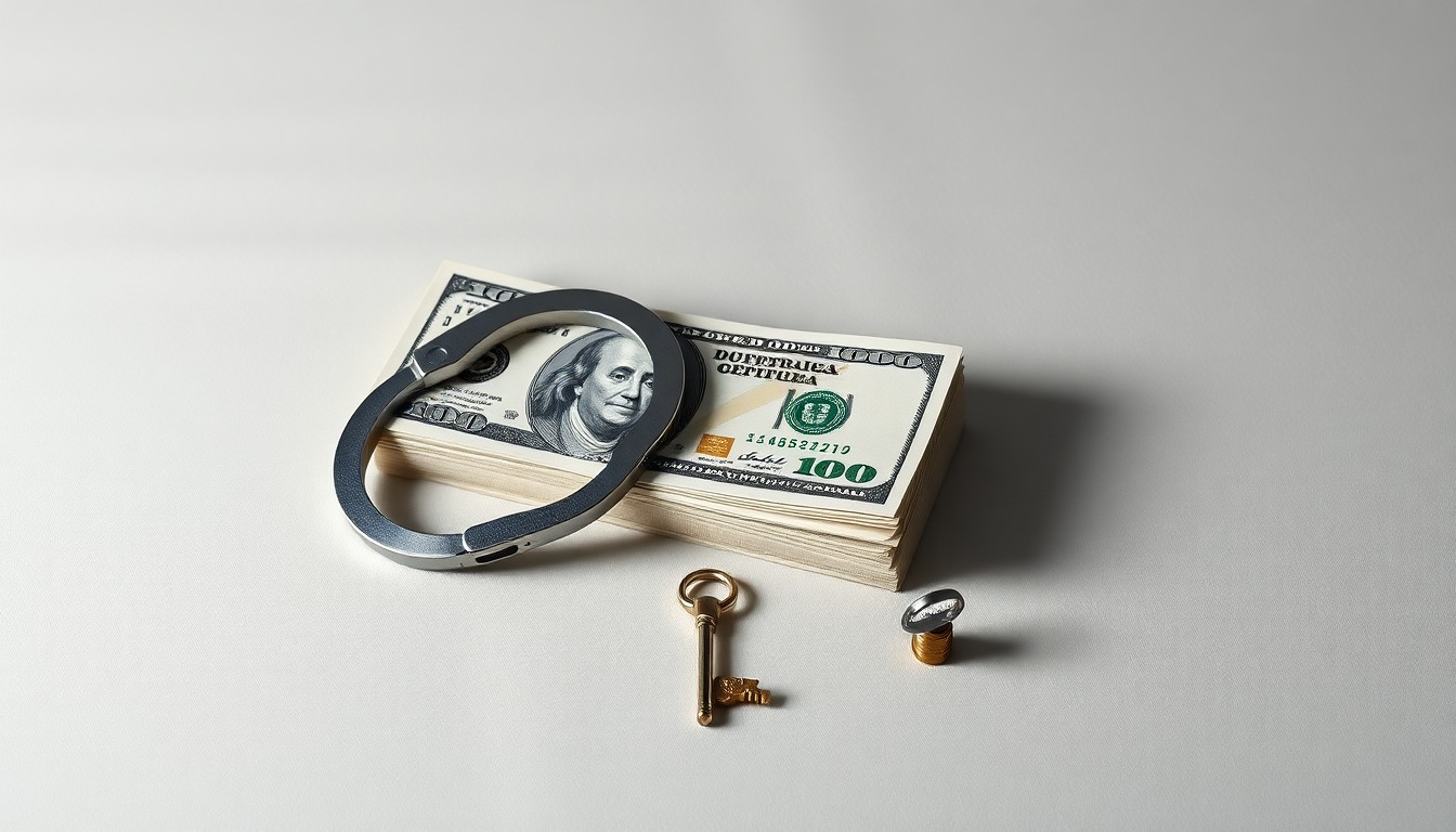 A high-end, photorealistic studio still-life photograph featuring a stack of crisp, freshly printed $100 bills, a single silver handcuff, and a small brass key resting on a clean, monochromatic seamless background, conceptually representing the complex interplay of finance, power, and the human cost of exploitation.