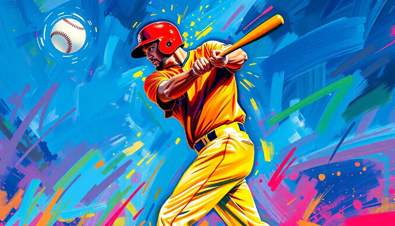 An abstract, energetic painting featuring bold, neon-colored brushstrokes that convey the explosive power and movement of a baseball player swinging a bat and hitting a mammoth home run.