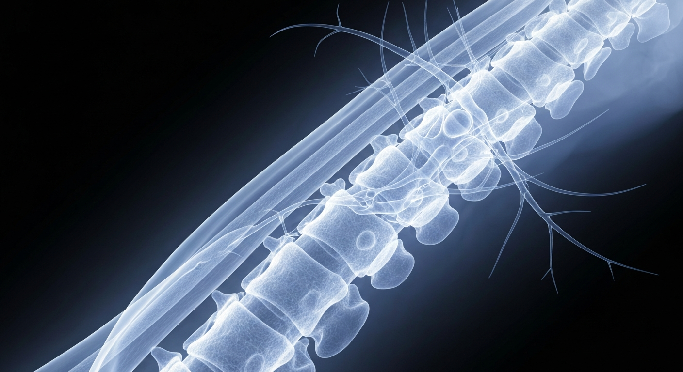 A translucent, ghostly X-ray image revealing the intricate internal structures of a human spinal cord and motor neurons, conceptually illustrating the devastating effects of ALS on the nervous system.